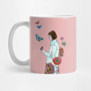 Woman with Butterflies and Flowers. Mug